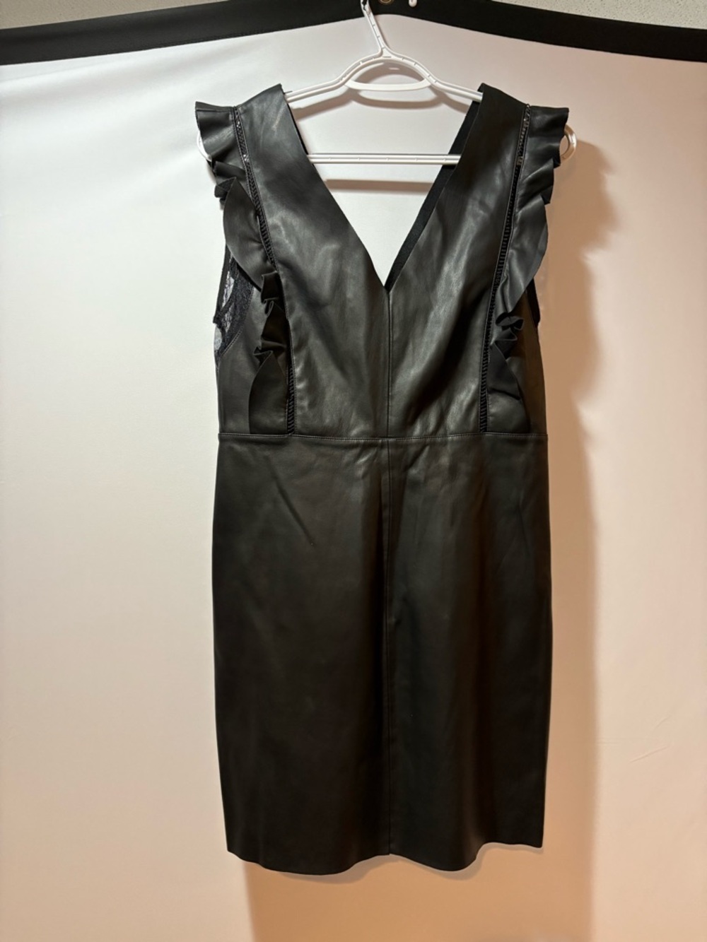 Zara Black Faux Leather Ruffle-Trim Mini Dress